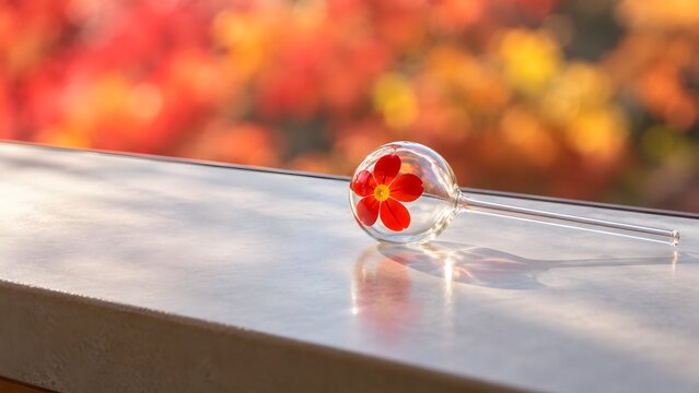 紅葉を背に窓辺に置いた長崎のガラス玩具ぽっぺん 赤い花の絵付けの秋の和の情景