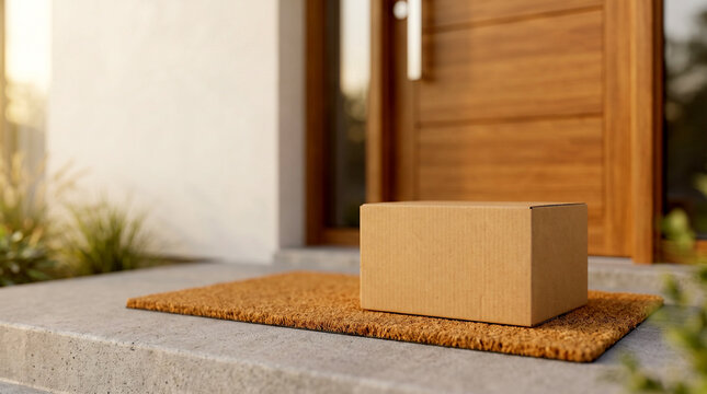 Cardboard box package delivered to doorstep on doormat outside wooden door, e-commerce shipping and delivery service concept