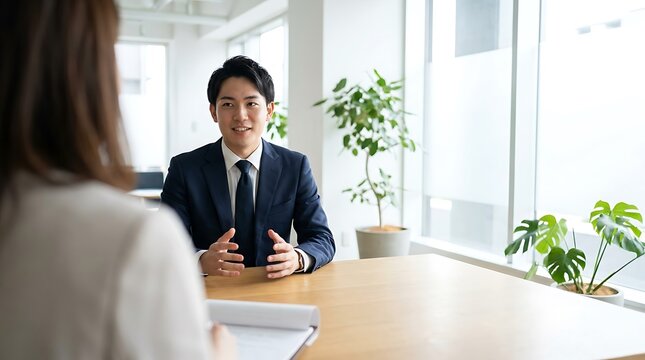 Confident young asian businessman smiling during a job interview sitting across from a recruiter inside a modern bright office