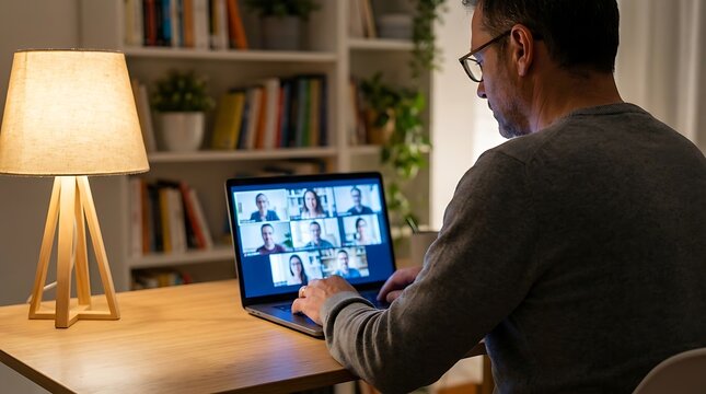 Focused man attending online video conference meeting on laptop computer inside cozy home office during evening hours