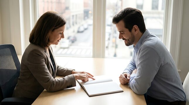 Professional business manager pointing at documents while explaining strategic corporate plans to a male employee in bright office