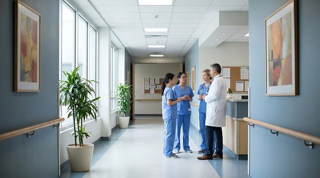 Medical staff team discussing patient care details inside a bright modern hospital hallway featuring large windows and soothing blue walls