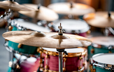 Obraz premium a drum kit in a music studio, cymbals catching light, colorful drum shells, soft studio lighting