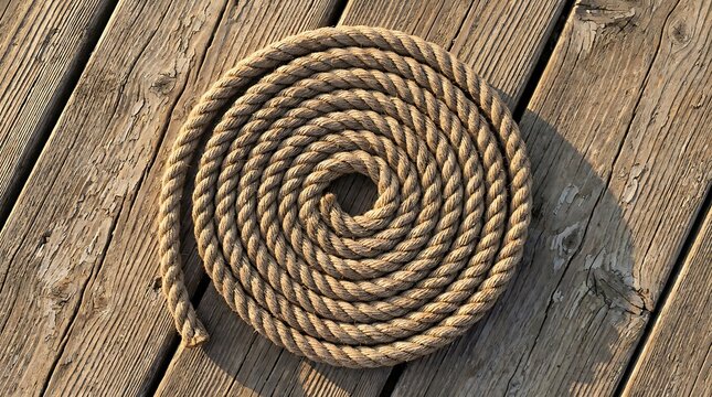 Coiled nautical rope resting neatly on weathered wooden dock planks under bright sunny daylight conditions outdoors