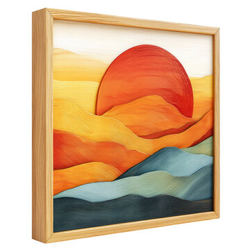 This is a framed artwork depicting a stylized landscape scene with a large, orange red sun setting or rising behind rolling hills