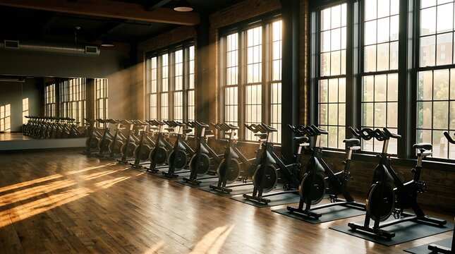 Modern indoor cycling studio featuring a row of stationary exercise bikes arranged neatly along large vintage windows during golden sunset