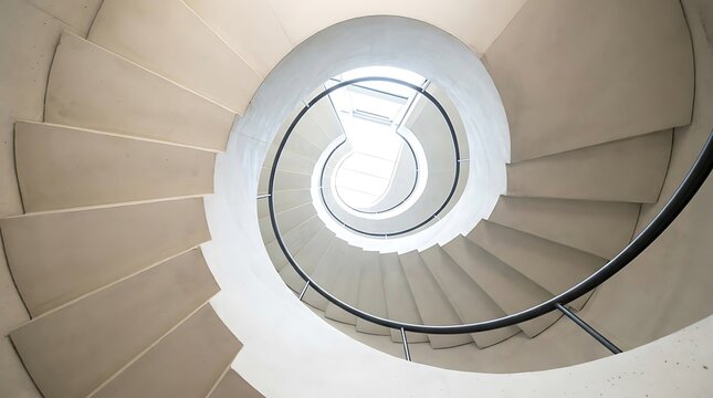 Modern concrete spiral staircase viewed from underneath featuring geometric curves and minimalist architectural design elements