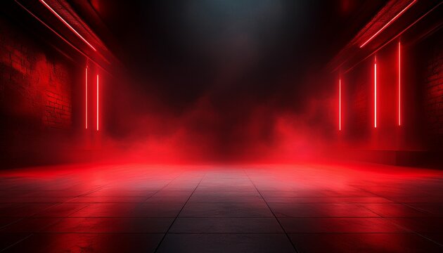 empty scene background dark background of empty room neon red light concrete floor smoke