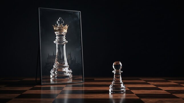 Chess pawn with king shadow reflection symbolizing mental health mindset and personal growth potential.
