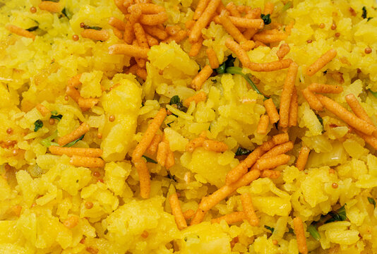 Poha Indian breakfast food closeup