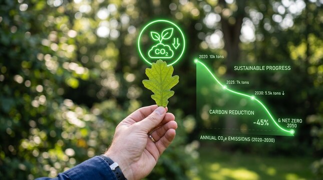 Hand Holding Leaf with Carbon Reduction Digital Overlay for Climate Action Design