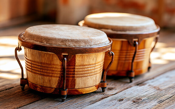 an acoustic drum bongo pair on a wooden floor, natural wood grain texture, warm sunlight, rustic interior background