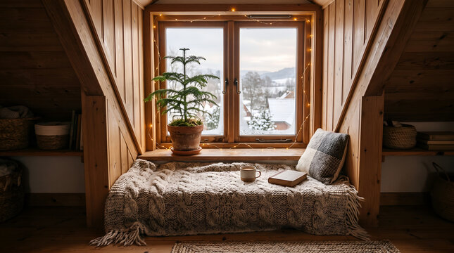 Cozy attic window nook with a small potted pine tree and winter landscape view