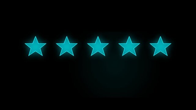 Tech or nightlife themes, this graphical icon features five cyan stars in a horizontal alignment on a black background.