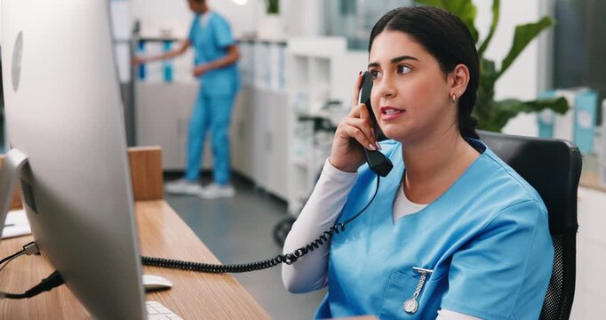 Issue, computer or doctor in clinic with phone call, booking error or patient pressure in healthcare. Medical, headache or serious woman with tech, telehealth stress or schedule mistake in hospital.