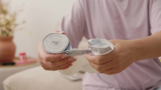 Person unrolling white plastic garbage bag from roll for waste disposal.