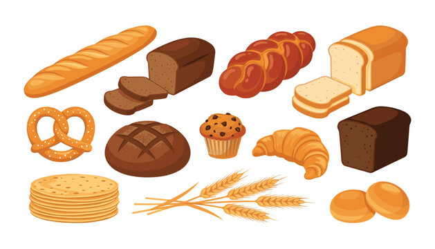 Fresh bakery products vector collection featuring bread loaves baguette croissant pretzel muffin and golden wheat ears illustrations