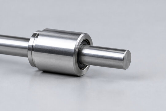 Polished metal cylindrical part on mandrel, industrial manufacturing and precision engineering concept