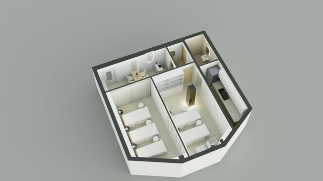 3D render of modern isometric beauty salon and medical spa clinic interior, rotating architectural view
