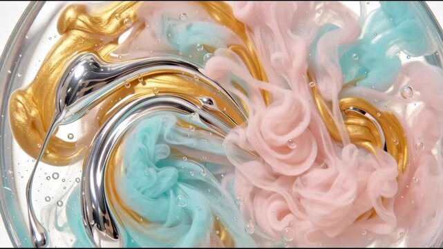 Abstract liquid ink mixing with gold and silver metallic pigments