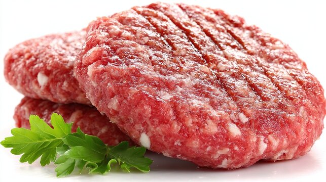 Raw beef patties closeup on plain white background, two round thick patties, minced meat and white fat pieces, foreground cross hatch grid pattern, background vertical ridge angled,
