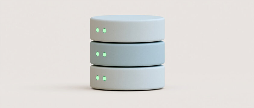 Minimalist 3D data server storage cylinders stacked on a clean light background