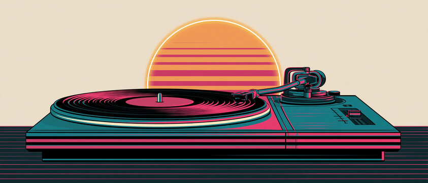 Retro synthwave music banner featuring a vinyl turntable against a stylized sunset background