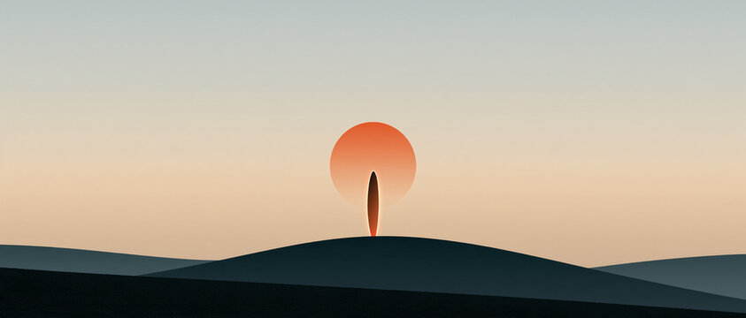 Minimalist vector landscape banner showing a glowing red sun over dark rolling hills