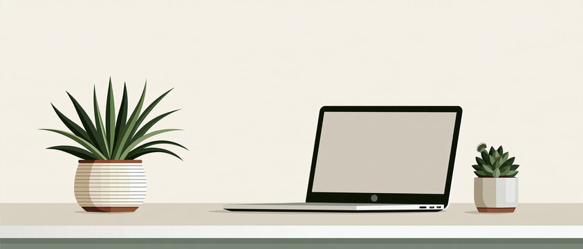 Clean minimalist workspace banner with a laptop, potted plant, and neutral background