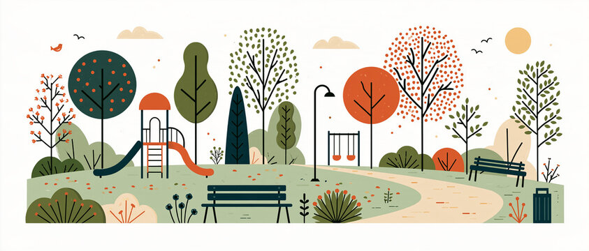 Cute vector illustration of a peaceful public park with trees, paths, and benches