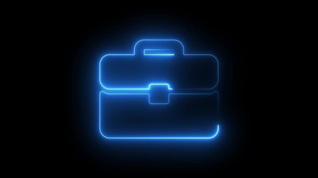 Glowing blue neon briefcase icon on a dark background,Blue neon light icon of a briefcase, symbolizing business, work, and professional career with 4k video animation.