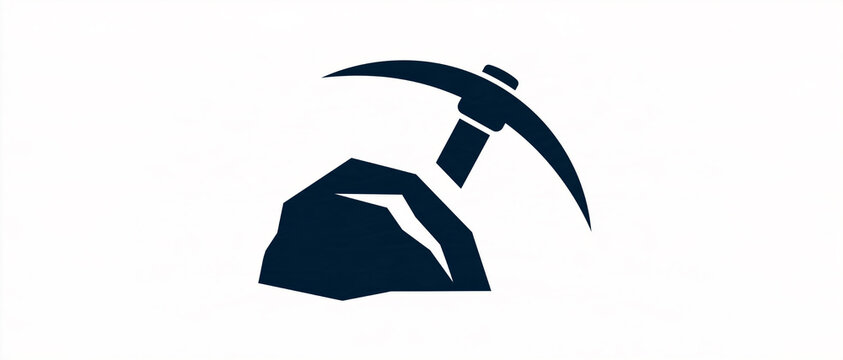 Minimalist vector banner featuring a pickaxe resting on a mountain rock silhouette