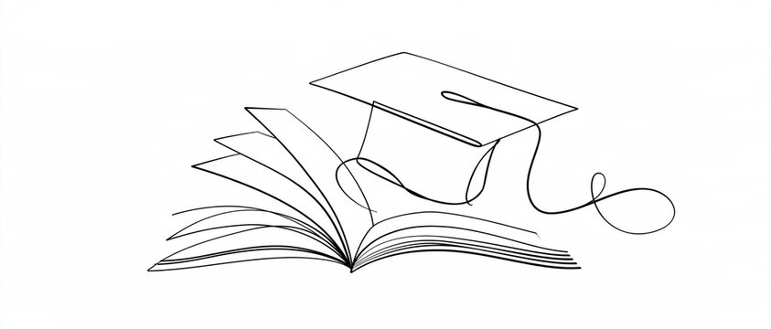 Minimalist outline vector banner showing a simple open book and a graduation cap