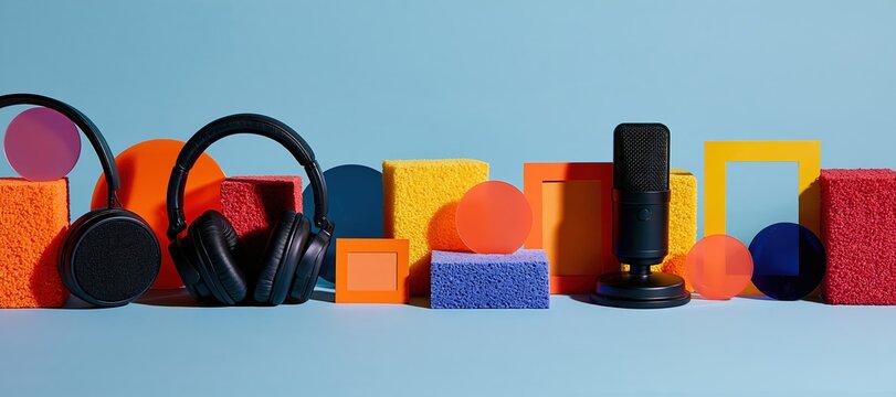 Headphones and microphone with colorful geometric shapes and foam textures on blue background