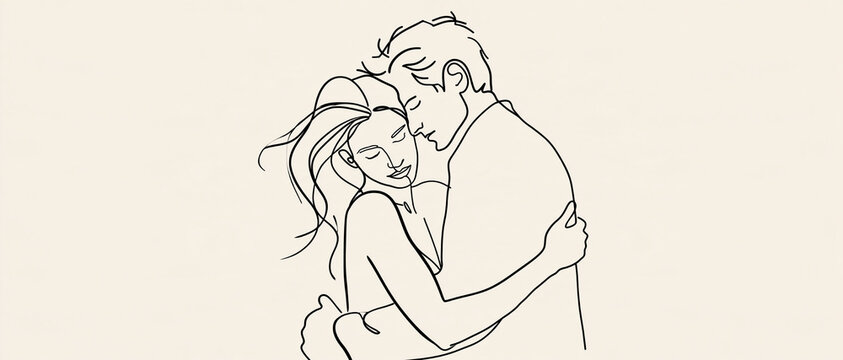Minimalist Line Art Illustration of Loving Couple Embracing