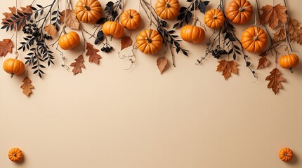 Obraz premium A delightful festive autumn arrangement features tiny pumpkins and vibrant colorful fall foliage on a soft warm neutral backdrop for seasonal themes