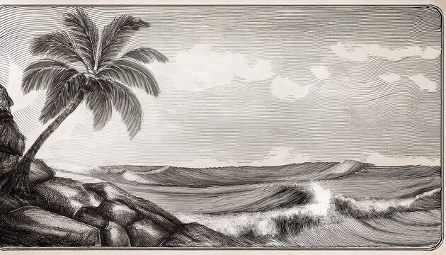 dramatic seascape with leaning palm tree on rocky shore and rolling ocean waves under cloudy sky in vintage engraving style for artistic wall decor or nautical themed design projects