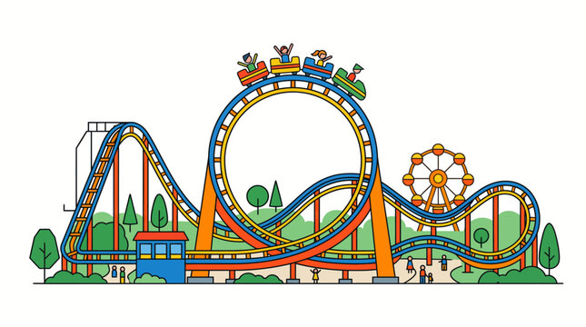Rollercoaster vector rollercoaster track with looping train and ferris wheel in outdoor amusement park