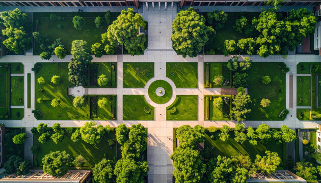 Symmetrical Aerial View of a Lush Green Garden With Architectural Elements and Manicured Trees