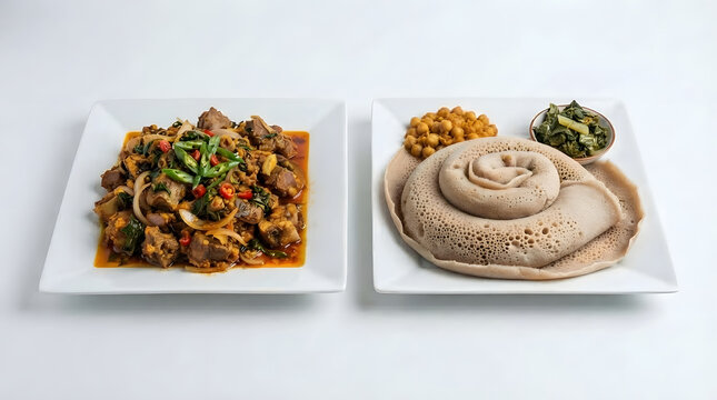 Nigerian food set isi ewu with flatbreads on white square platters on clean white. African dish, African culture, ethnic food assets