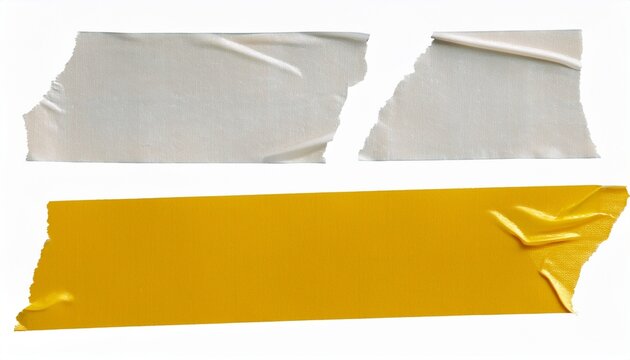 scotch tape sticky paper adhesive white and yellow pieces of stickers strip label torn old ripped stick masking stripes different length isolated on white background band
