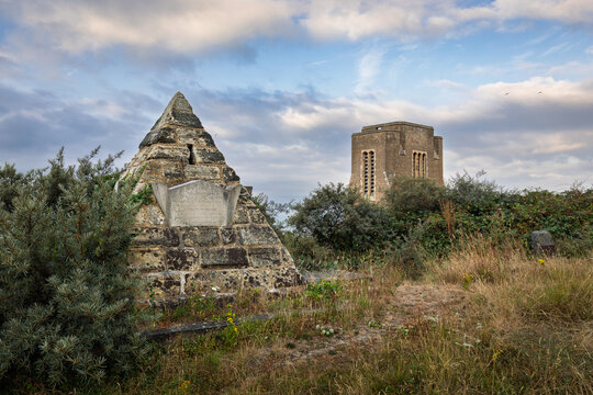 The neglected Burton family memorial St Leonards on Sea on the cliff edge east Sussex south east England