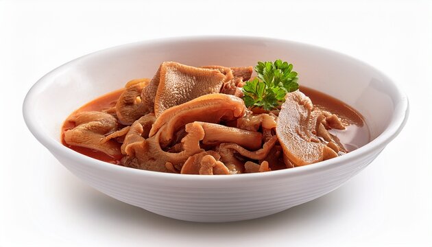beef tripes stewed in ceramic white bowl isolated on white background