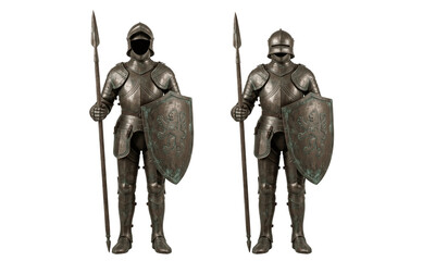 Obraz premium Two medieval knight suits of armor with spears and shields isolated