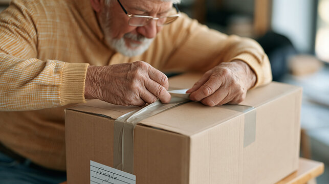 Close up of weathered elderly hands carefully peeling packing tape from sealed cardboard box flaps with reading glasses perched on nose and a handwritten label reading fragile