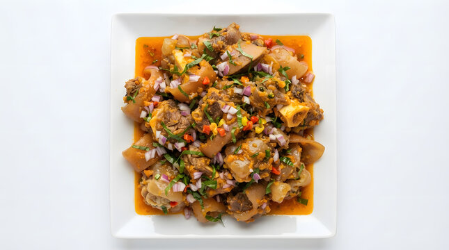 Nigerian isi ewu or goat's head stew dish in high angle on clean white. African cuisine and culture assets