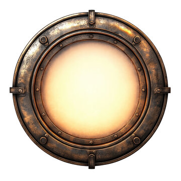 The image features a large, circular, metallic porthole with a weathered and slightly tarnished appearance. The frame is reinforced with multiple bolts and rivets, giving it a sturdy, industrial look