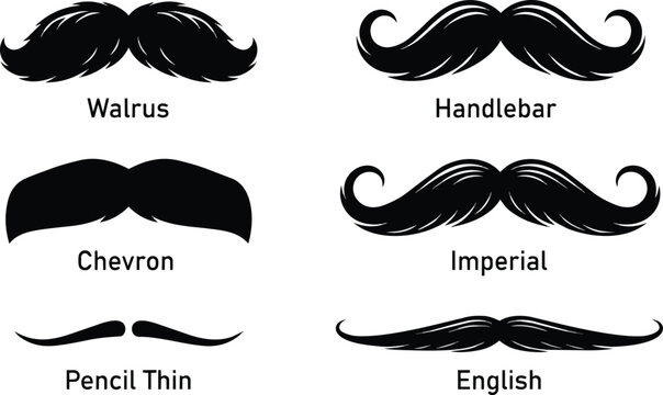 Multiple black mustache vector graphic style types set isolated on transparent background