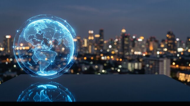 Glowing holographic network globe on a dark glass desk with blurred city and right copy space