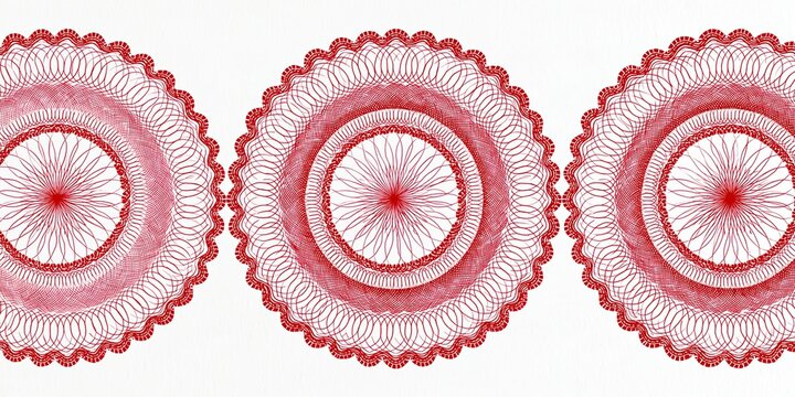 Three ornate red circular guilloche decorative rosette seals with intricate line patterns on textured white paper background perfect for certificate and document design